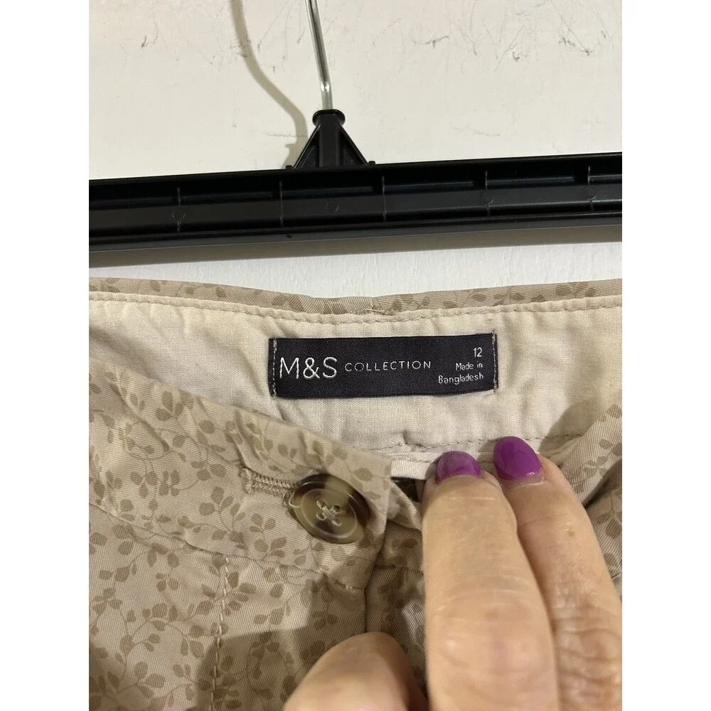 M&S Collection Women's 12 Beige Preppy Pleated Front Pants Pockets Button
